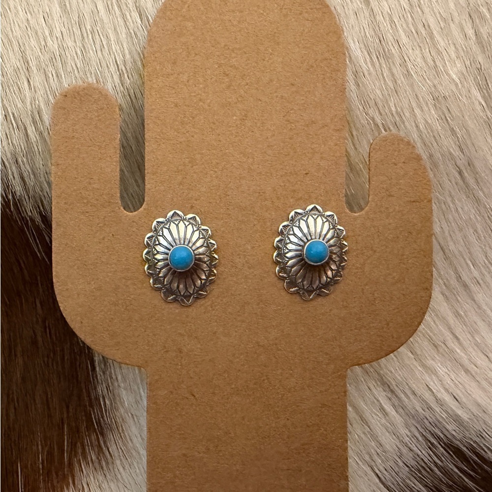 ❤️ Native American Artisan Concho Stud Turquoise Earrings Sterling New Mexico